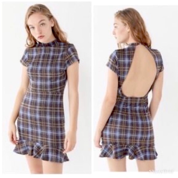 Urban Outfitters Dresses & Skirts - Urban Outfitters Highland Plaid Open Back Mock Neck, ruffle hem Mini Dress